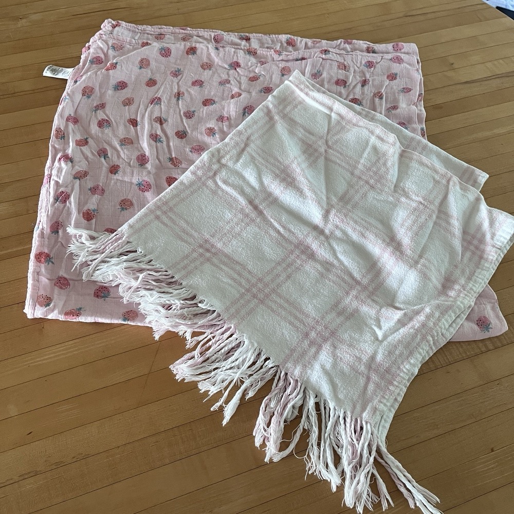 Angel Dear + A Soft Idea Pink Strawberry Plaid Swaddle Baby Blanket Cotton Large